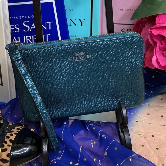 Coach Corner Zip Wristlet in metallic dark teal crossgrain leather